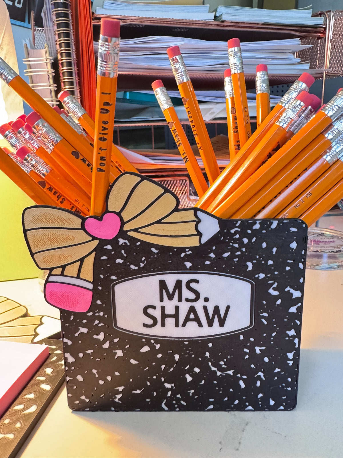 Personalized composition notebook-style teacher pencil holder with bow and custom nameplate